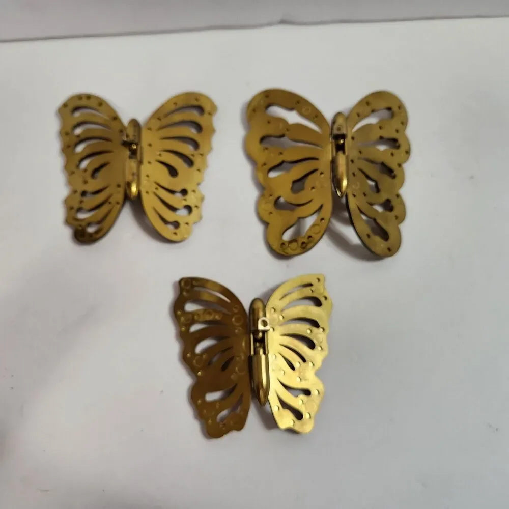 Set Of 3 Gold Toned Hinged Plastic Movable Butterflies  Wall Hanging Decor